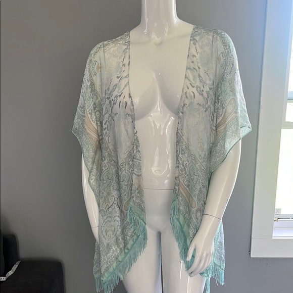 Charlie Paige Mint Sheer Kimono with Fringe - Picture 1 of 5